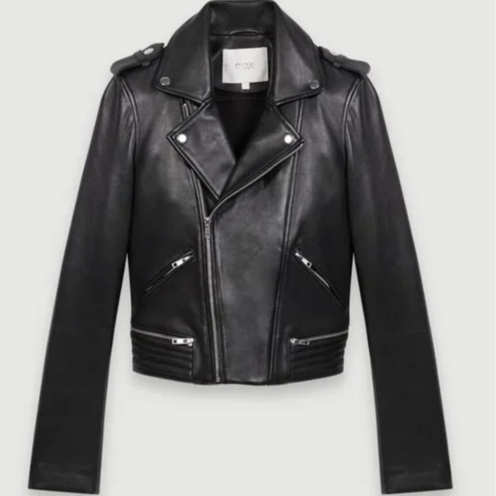 Maje Basalt Leather Black Jacket Size 38 / Medium Asymmetrical Biker